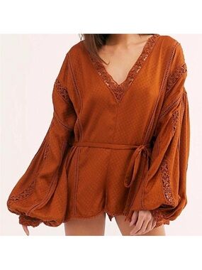 FREE PEOPLE Boho Lace Trim V-Neck Romper in Rust